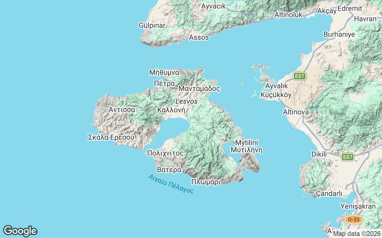 Kort over Lesbos i det nordøstlige Ægæerhav tæt på den tyrkiske kyst