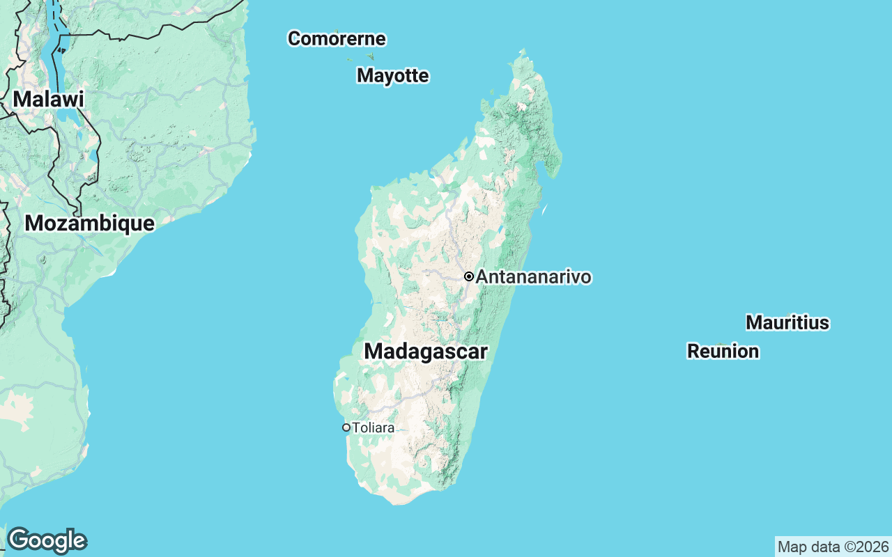 Kort over Madagaskar i Det Indiske Ocean ud for Mozambiques kyst