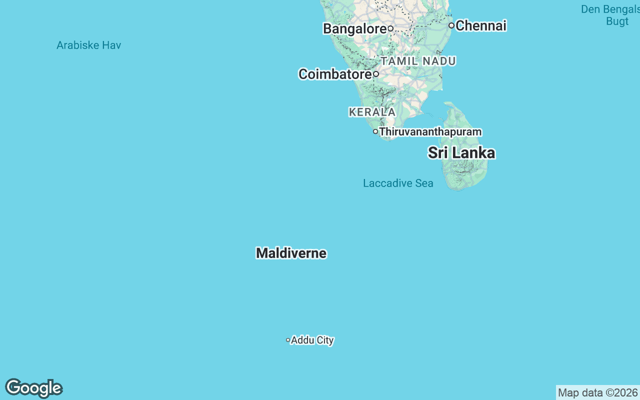 Kort over Maldiverne syd for Indien og sydvest for Sri Lanka i Det Indiske Ocean