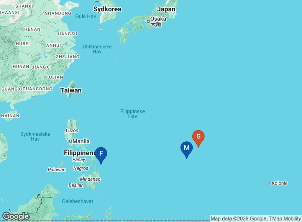 Kort over Marianergraven og Filippinergraven i Det Filippinske Hav mellem Filippinerne og Japan