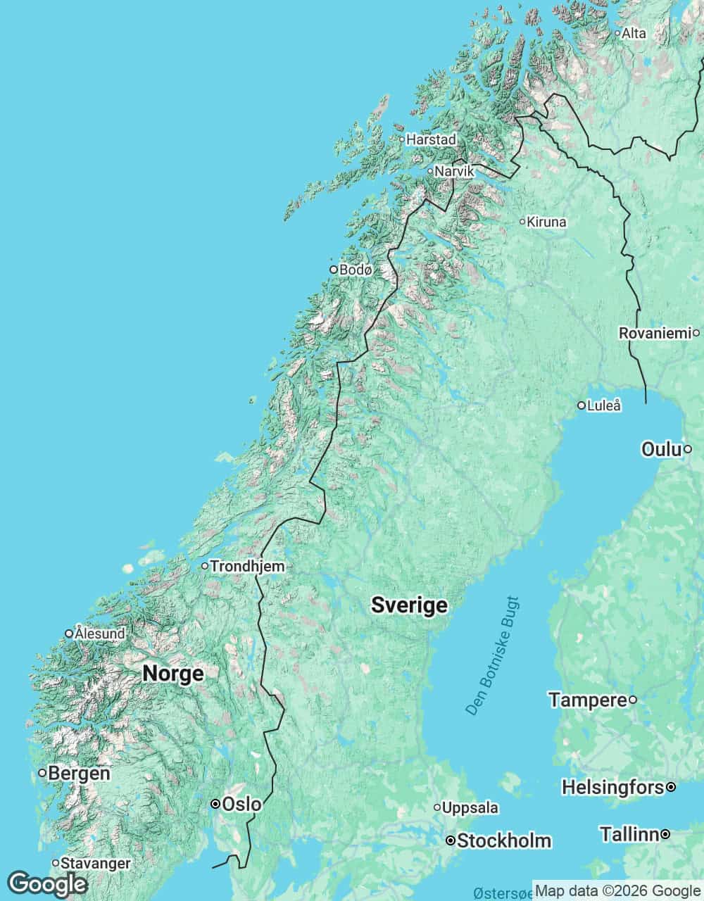 Kort over Norge med Oslo, Bergen, Ålesund, Trondheim, Bodø og Lofoten
