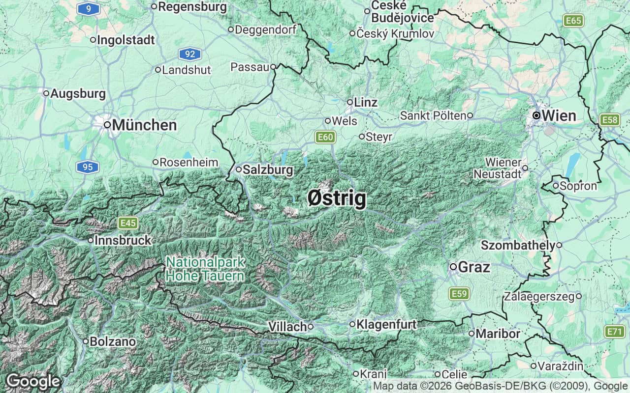 Kort over Østrig med Wien, Salzburg, Innsbruck, Graz og Alperne
