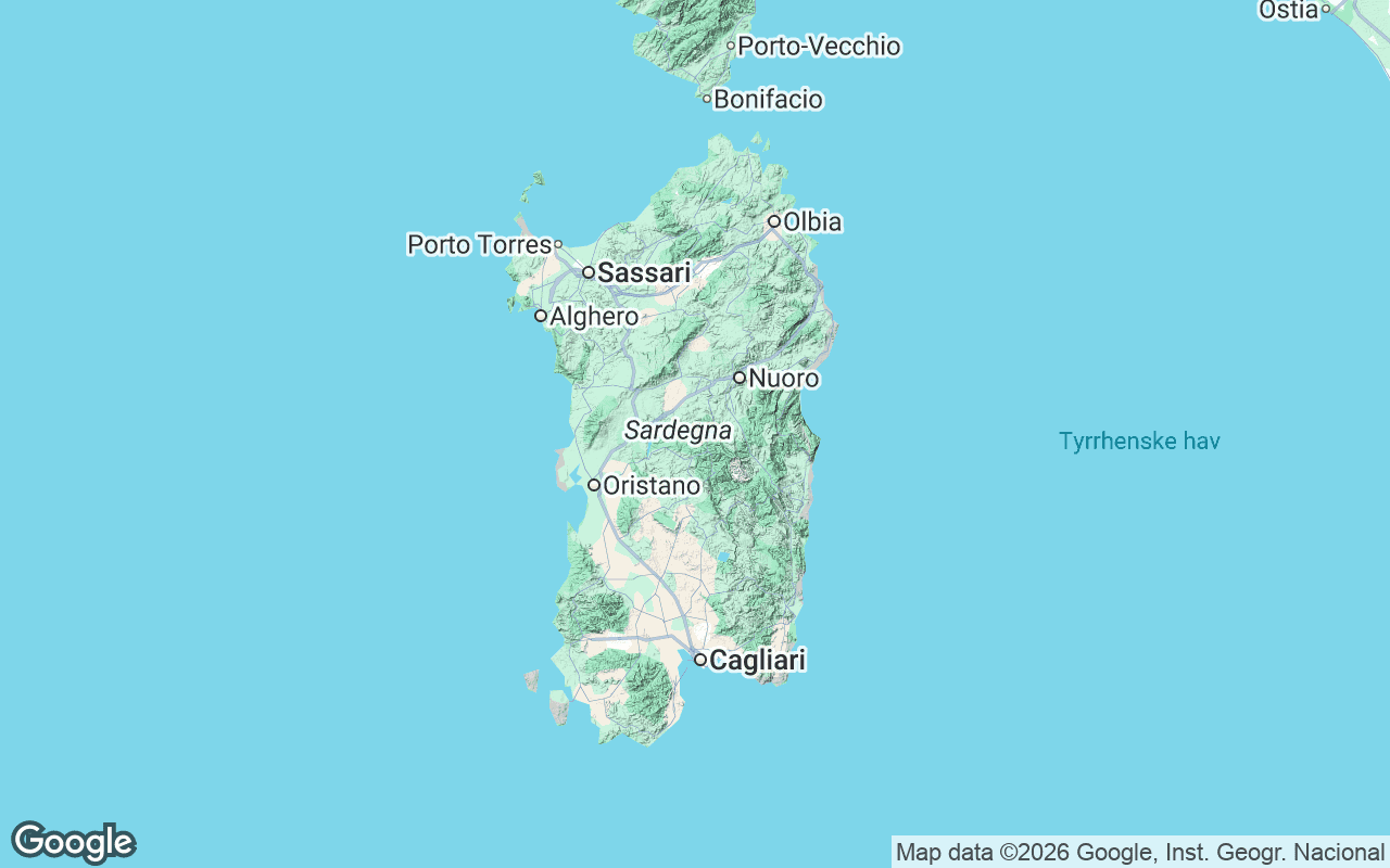 Kort over Sardinien i Middelhavet vest for det italienske fastland