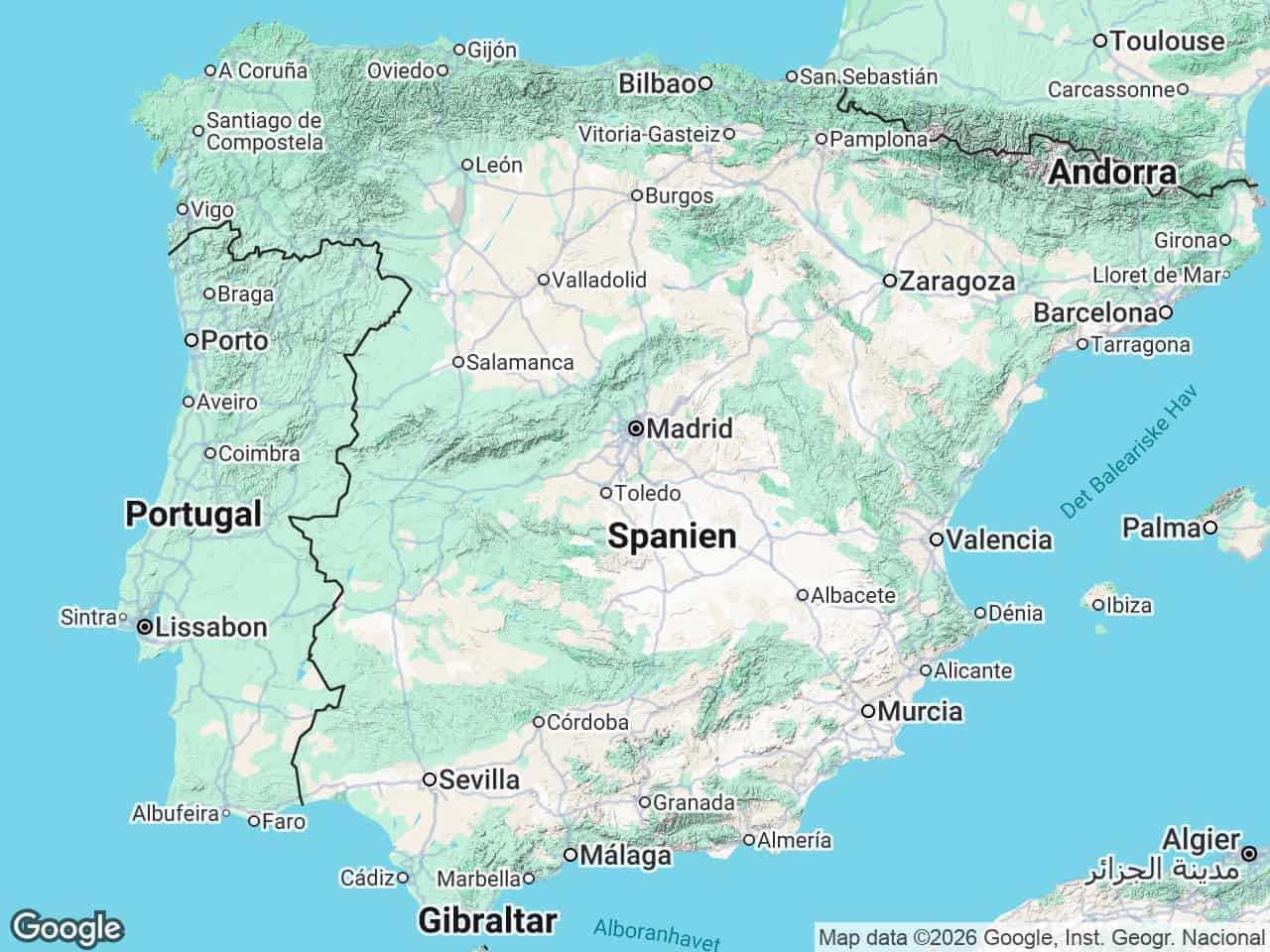 Kort over det spanske fastland med Madrid, Barcelona, Valencia, Sevilla og Balearerne