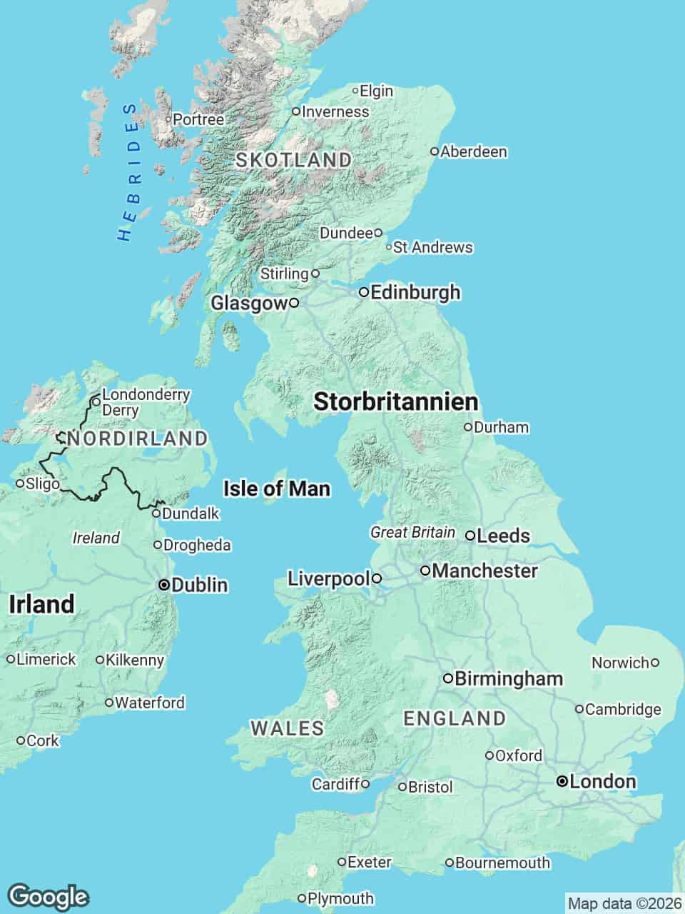 Kort over Storbritannien med England, Skotland, Wales og Nordirland