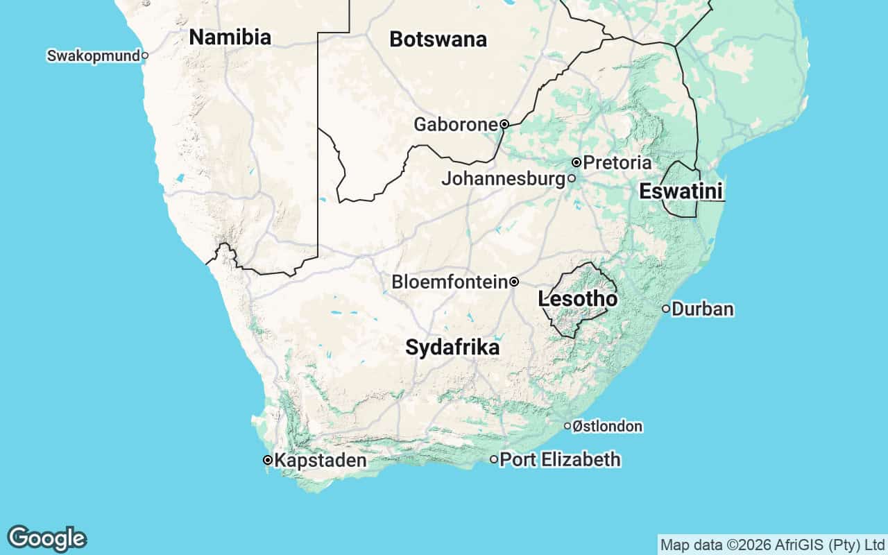 Kort over Sydafrika med Cape Town, Kruger og vinlandet