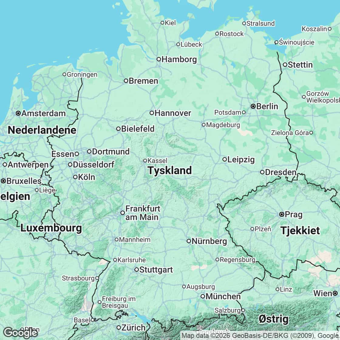 Kort over Tyskland med Hamborg, Berlin, Köln, Frankfurt, Stuttgart og München