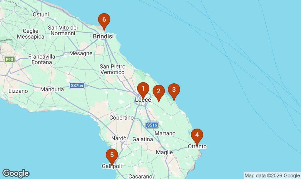 Kort over Salento med seks nummererede punkter: Lecce, Acaya, Le Cesine, Otranto, Gallipoli og Brindisi lufthavn