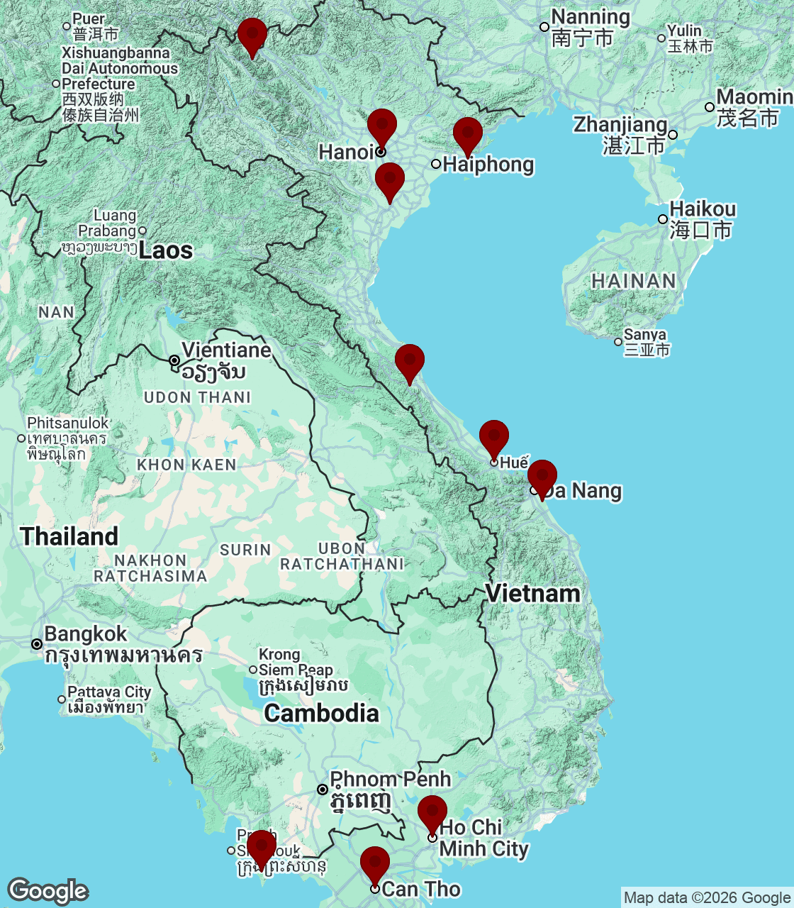 Kort over Vietnam med Sapa, Hanoi, Ha Long, Ninh Binh, Phong Nha, Hue, Hoi An, Ho Chi Minh City, Mekongdeltaet og Phu Quoc markeret